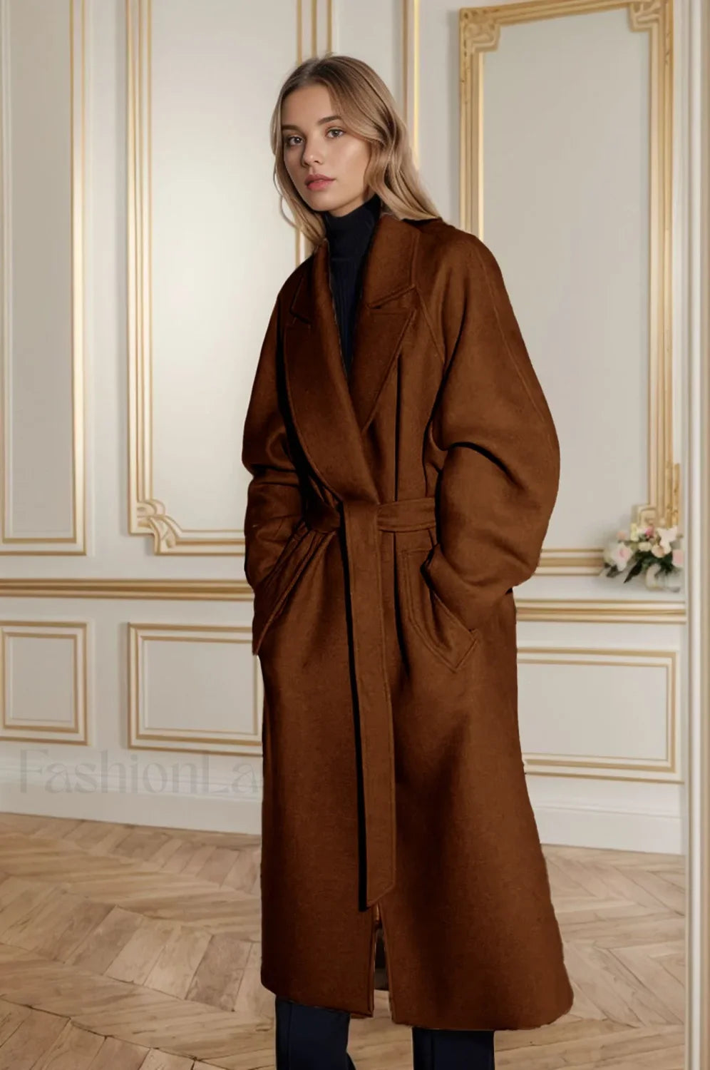 Retro Solid Woolen Coat Women Knee High Thick Turn Down Overcoat Brown / S