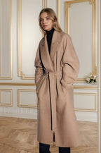 Retro Solid Woolen Coat Women Knee High Thick Turn Down Overcoat Khaki / S