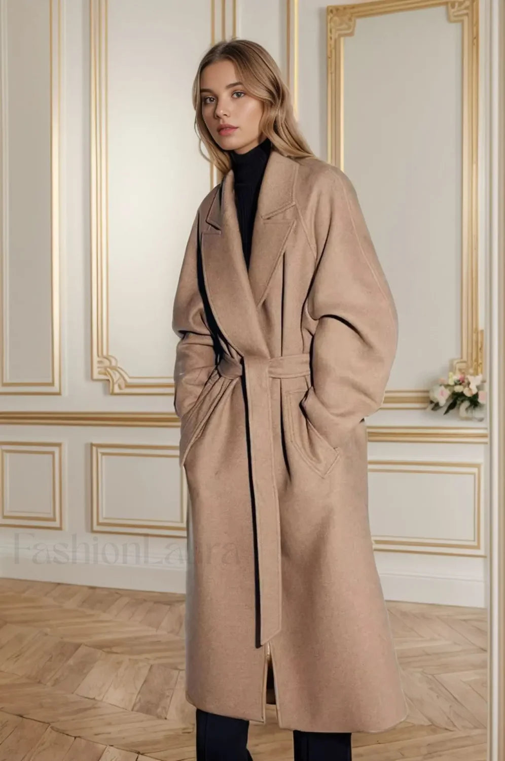 Retro Solid Woolen Coat Women Knee High Thick Turn Down Overcoat Khaki / S Main image