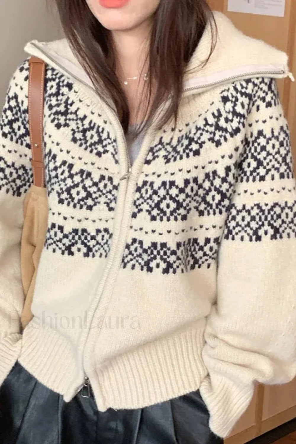 Retro Turtleneck Ribbed Cardigan Beige / One Size