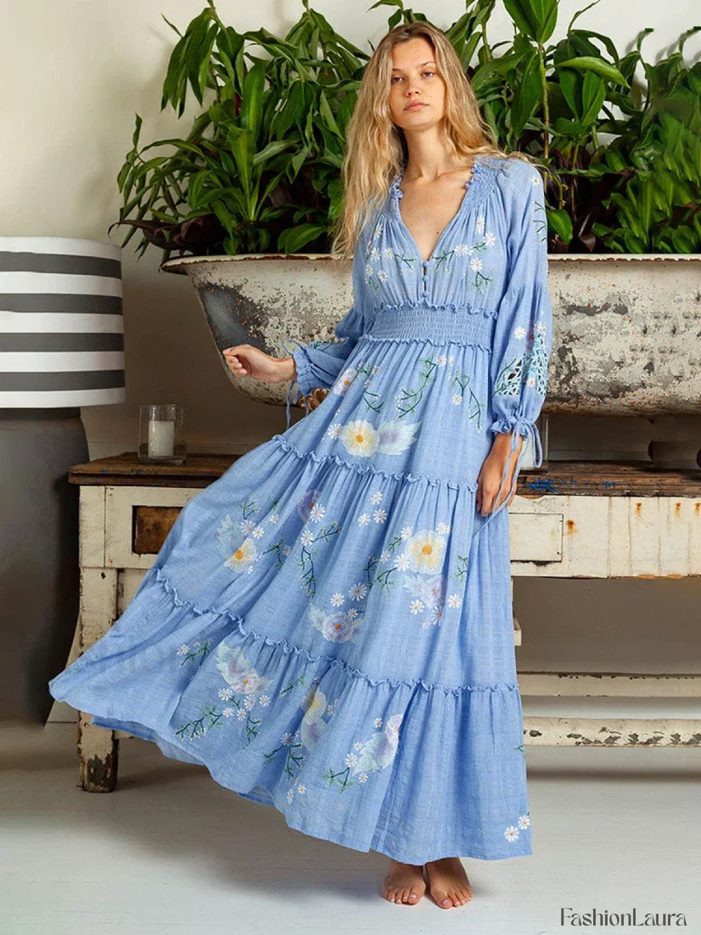 Retro V Neck Elastic Boho Dress Blue / S