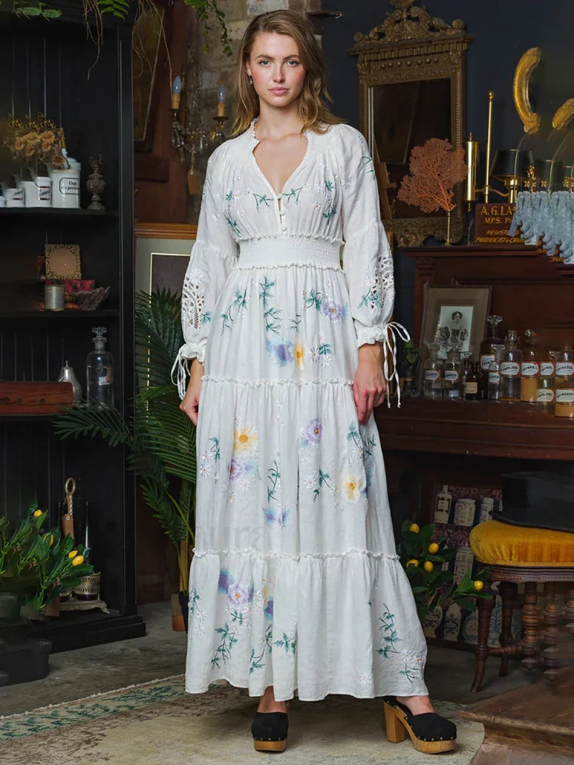 Retro V Neck Elastic Boho Dress White / S Main image