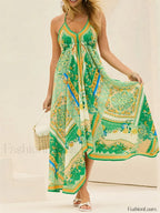 Retro V Neck Maxi Floral Dress green / S