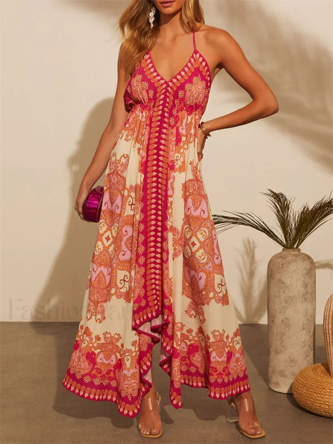 Retro V Neck Maxi Floral Dress red / S Main image