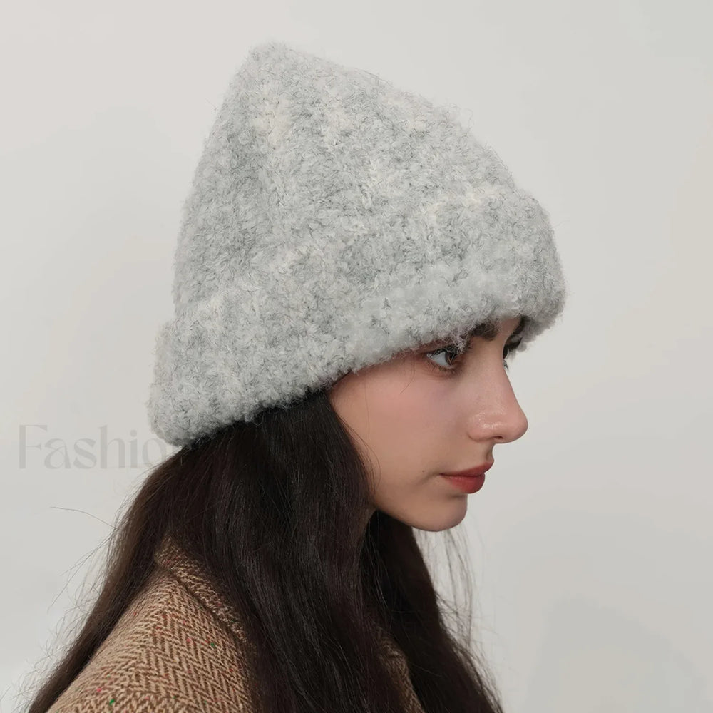 Retro Warm Thick Wool Blend Knitted Women Winter Minimalist Hat Light gray