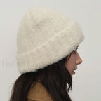Retro Warm Thick Wool Blend Knitted Women Winter Minimalist Hat milk white