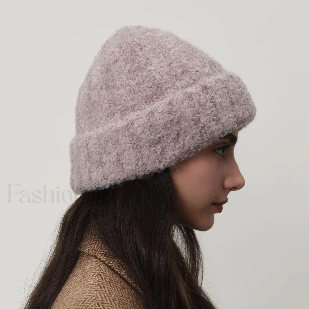 Retro Warm Thick Wool Blend Knitted Women Winter Minimalist Hat Purplish grey