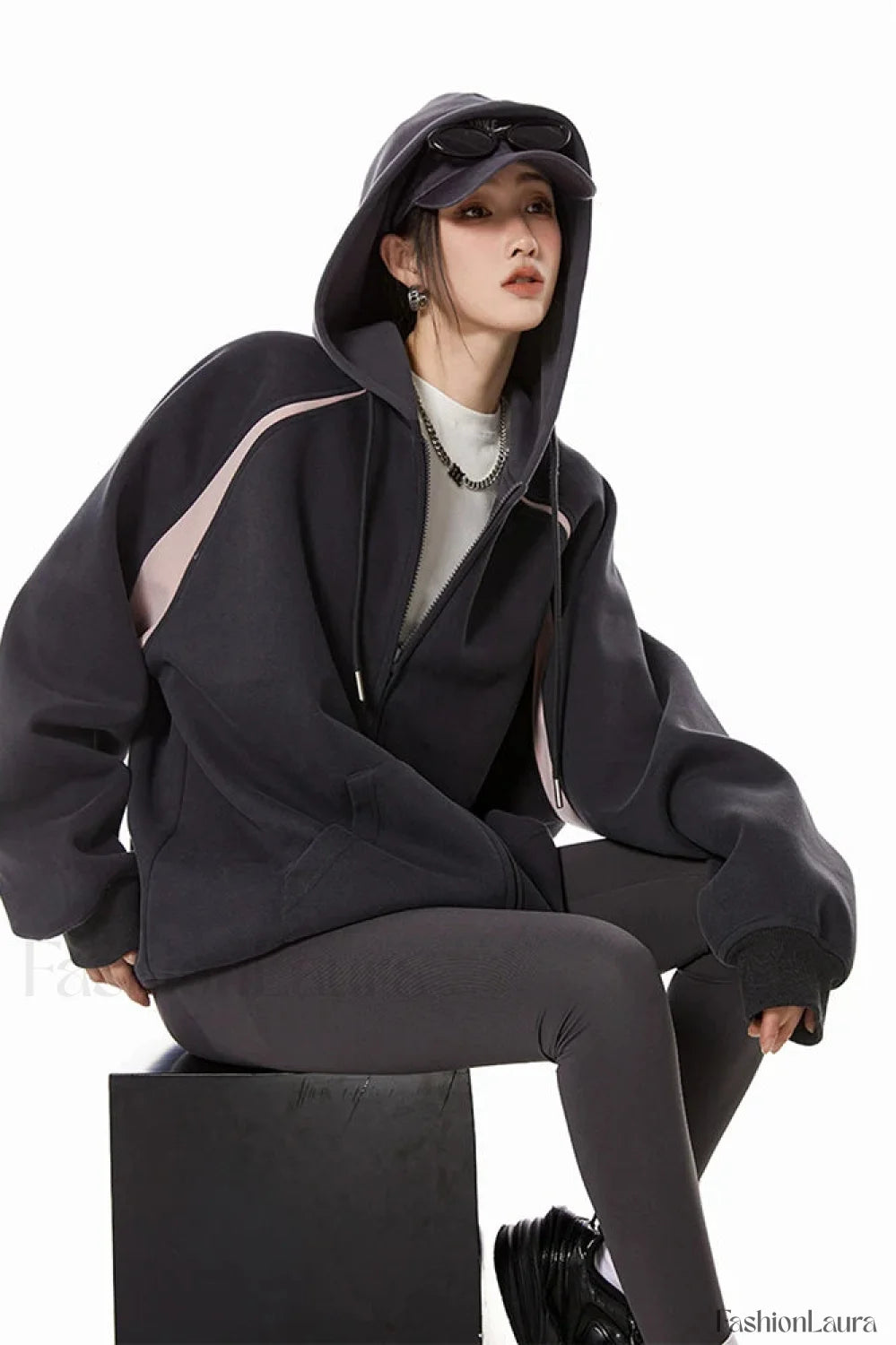 Retro Y2K Hooded Zipper Hoodie Black / M