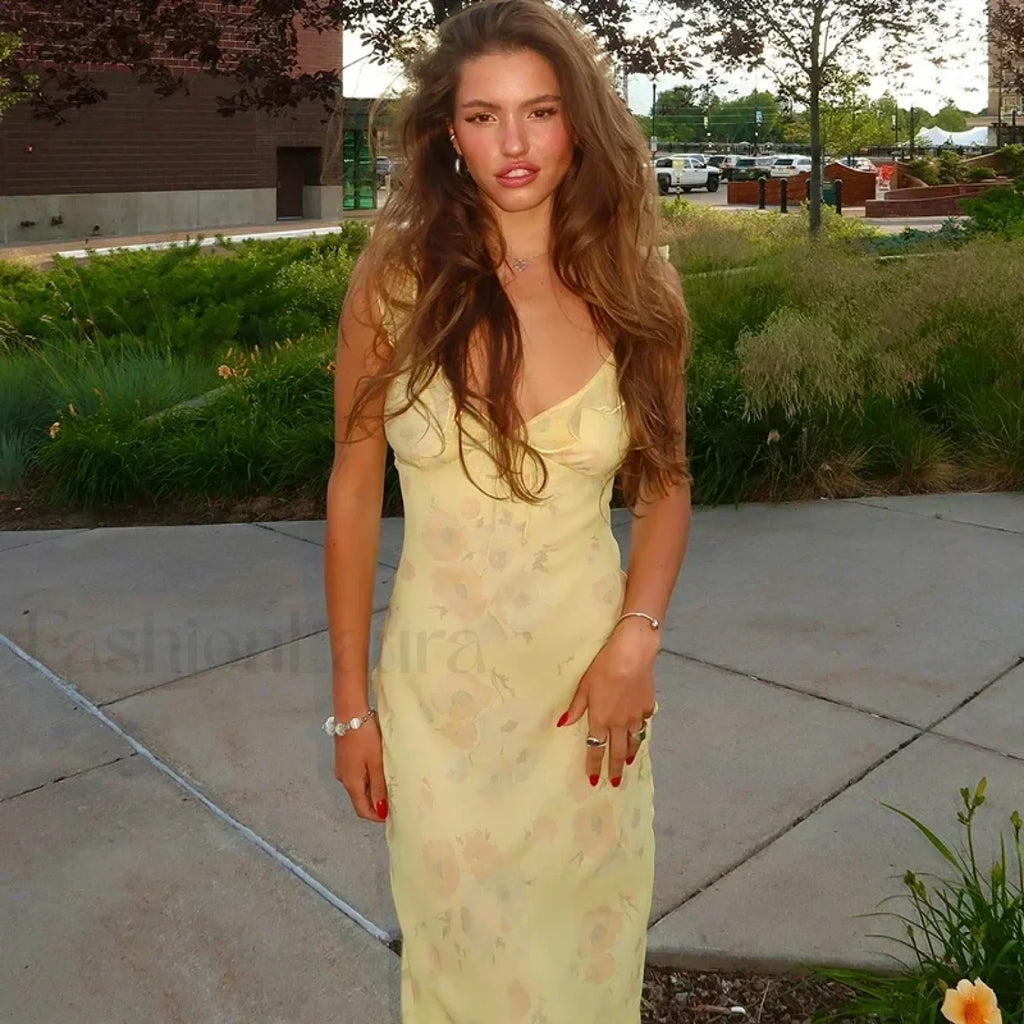 Retro Yellow Sleeveless Floral Print Maxi Floral Dress Yellow / S