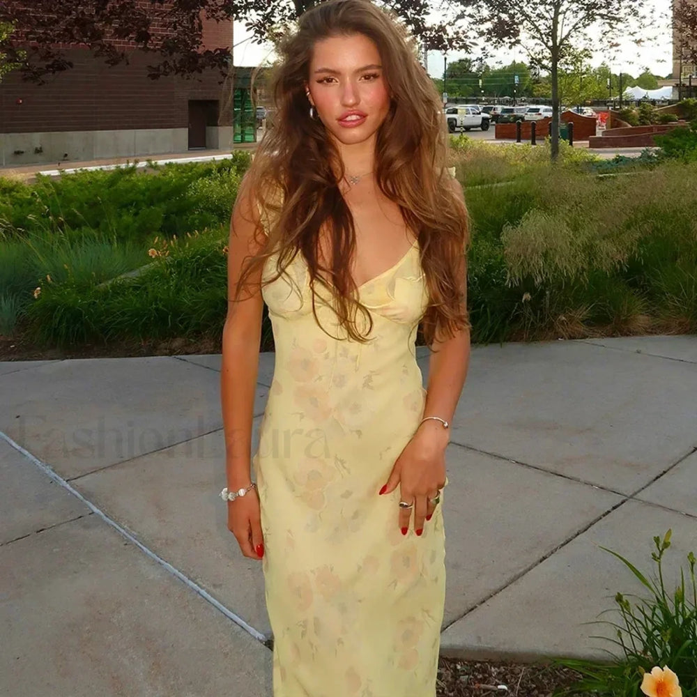 Retro Yellow Sleeveless Floral Print Maxi Floral Dress Yellow / S