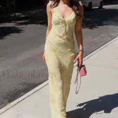 Retro Yellow Sleeveless Floral Print Maxi Floral Dress