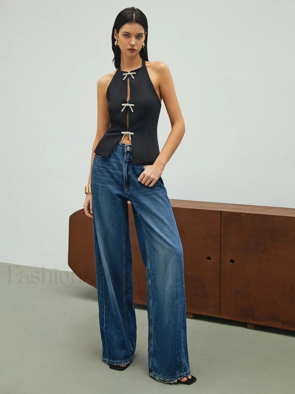 Rhinestone Bow Decor Halter Tank Top Tank Tops & Camis