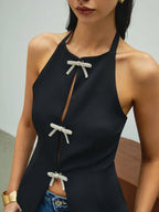 Rhinestone Bow Decor Halter Tank Top Tank Tops & Camis