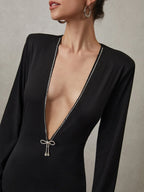 Rhinestone Bow Decorated V Neck Short Dress Dresses