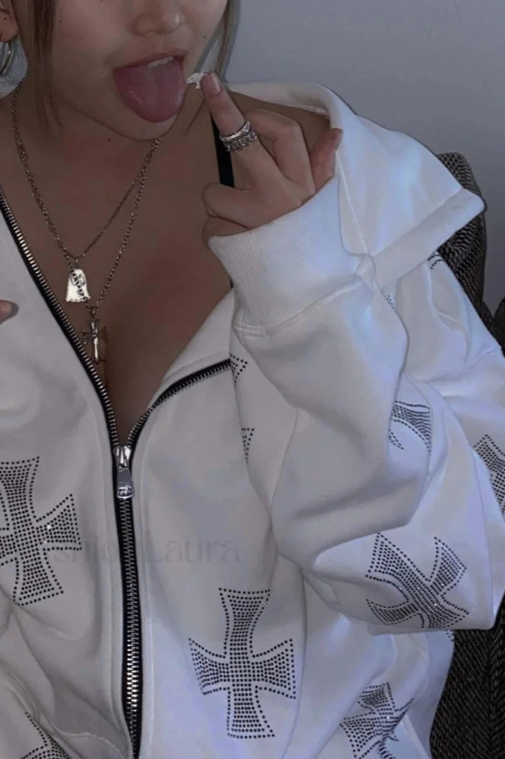Rhinestone Cross Print Y2K Zip Up Hoodie