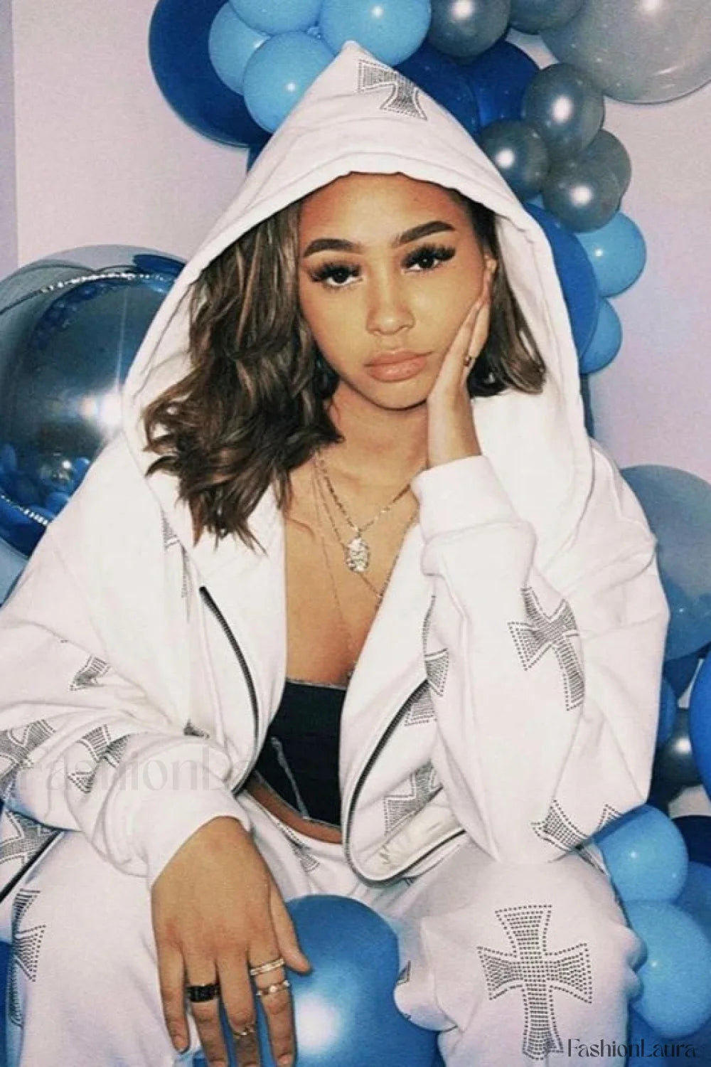 Rhinestone Cross Print Y2K Zip Up Hoodie White / S