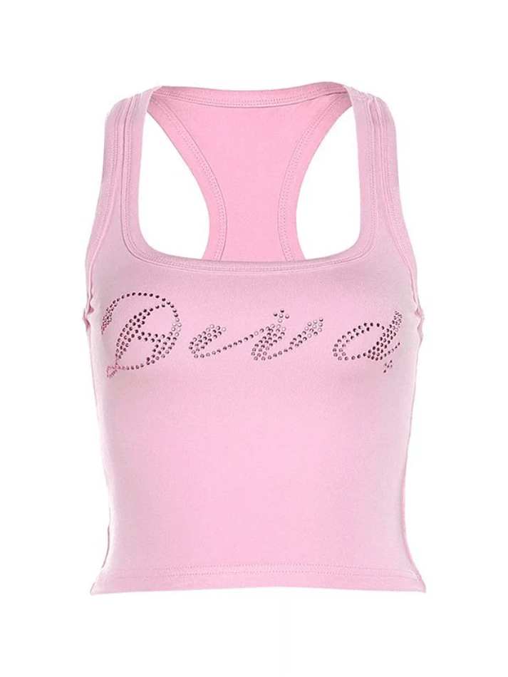 Rhinestone Letter Cropped Tank Top Tops&Tees