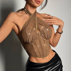 Rhinestone Mesh Corset Crop Top