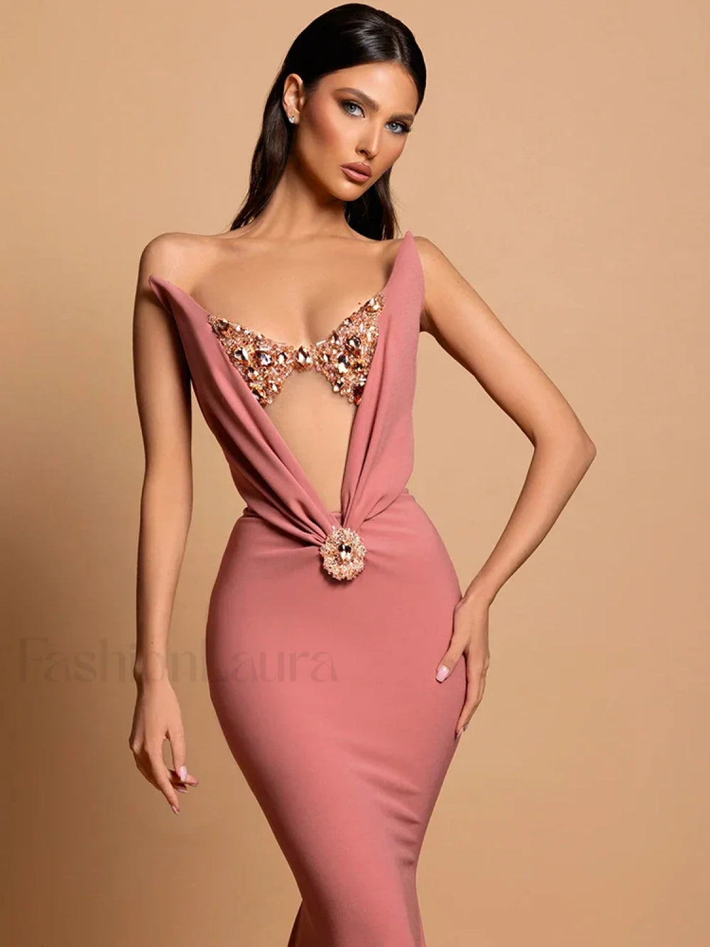 Rhinestone Velvet Mermaid Maxi Dress Coral / S