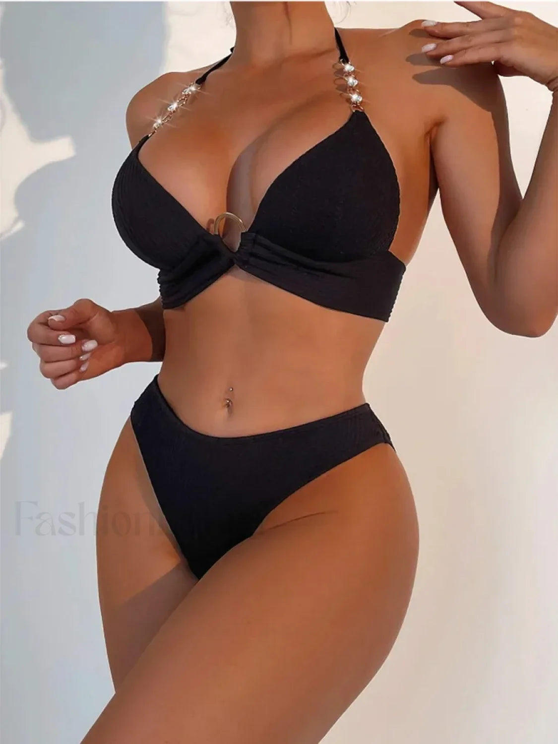 Ribbed Halter Bra Cup Bikini Set Black / XS