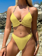 Ribbed Halter Bra Cup Bikini Set Yellow / XS