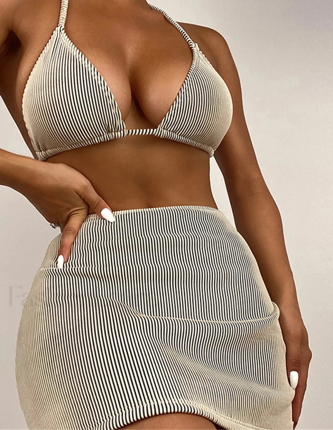 Ribbed Halter Skirt Bikini Three Piece Set Main image