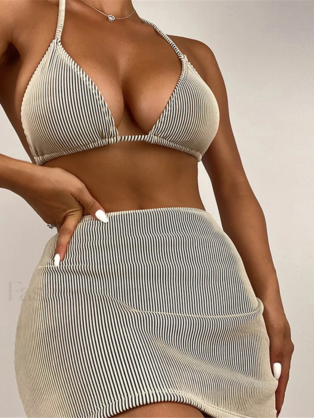 Ribbed Halter Skirt Bikini Three Piece Set Khaki / S