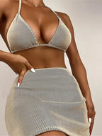 Ribbed Halter Skirt Bikini Three Piece Set Khaki / S