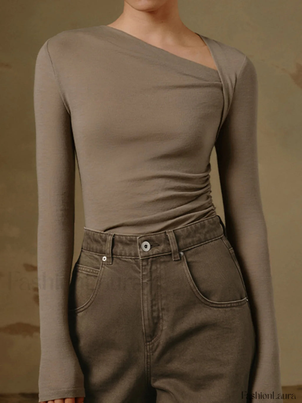 Ribbed Knit Long Sleeve Asymmetric Shirt Apricot / XS T Shirts