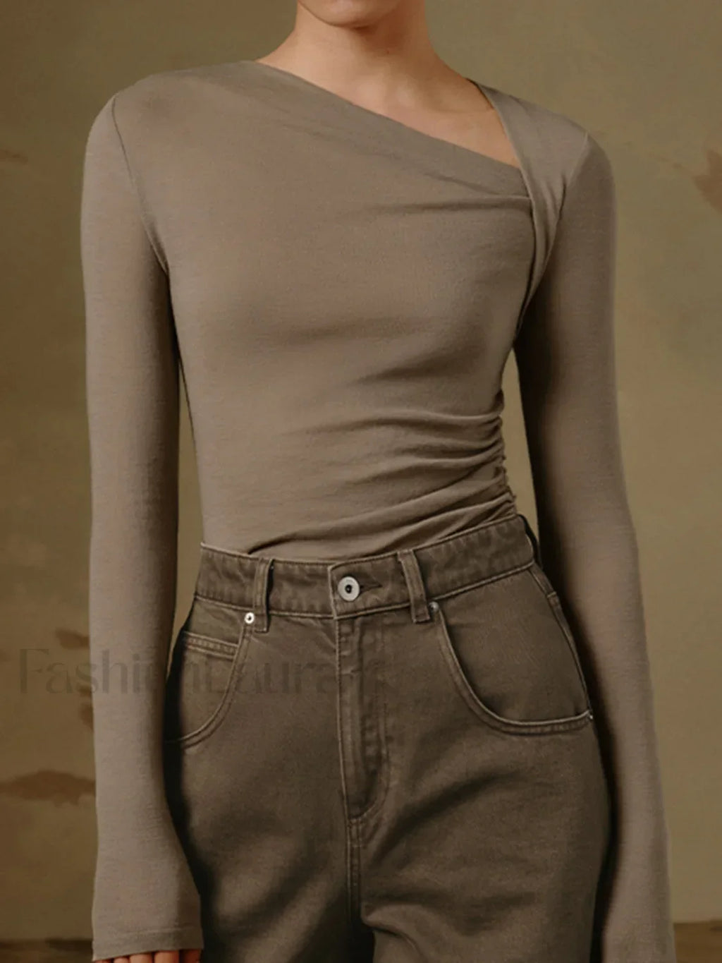 Ribbed Knit Long Sleeve Asymmetric Shirt Apricot / XS T Shirts