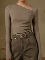 Ribbed Knit Long Sleeve Asymmetric Shirt Apricot / XS T Shirts