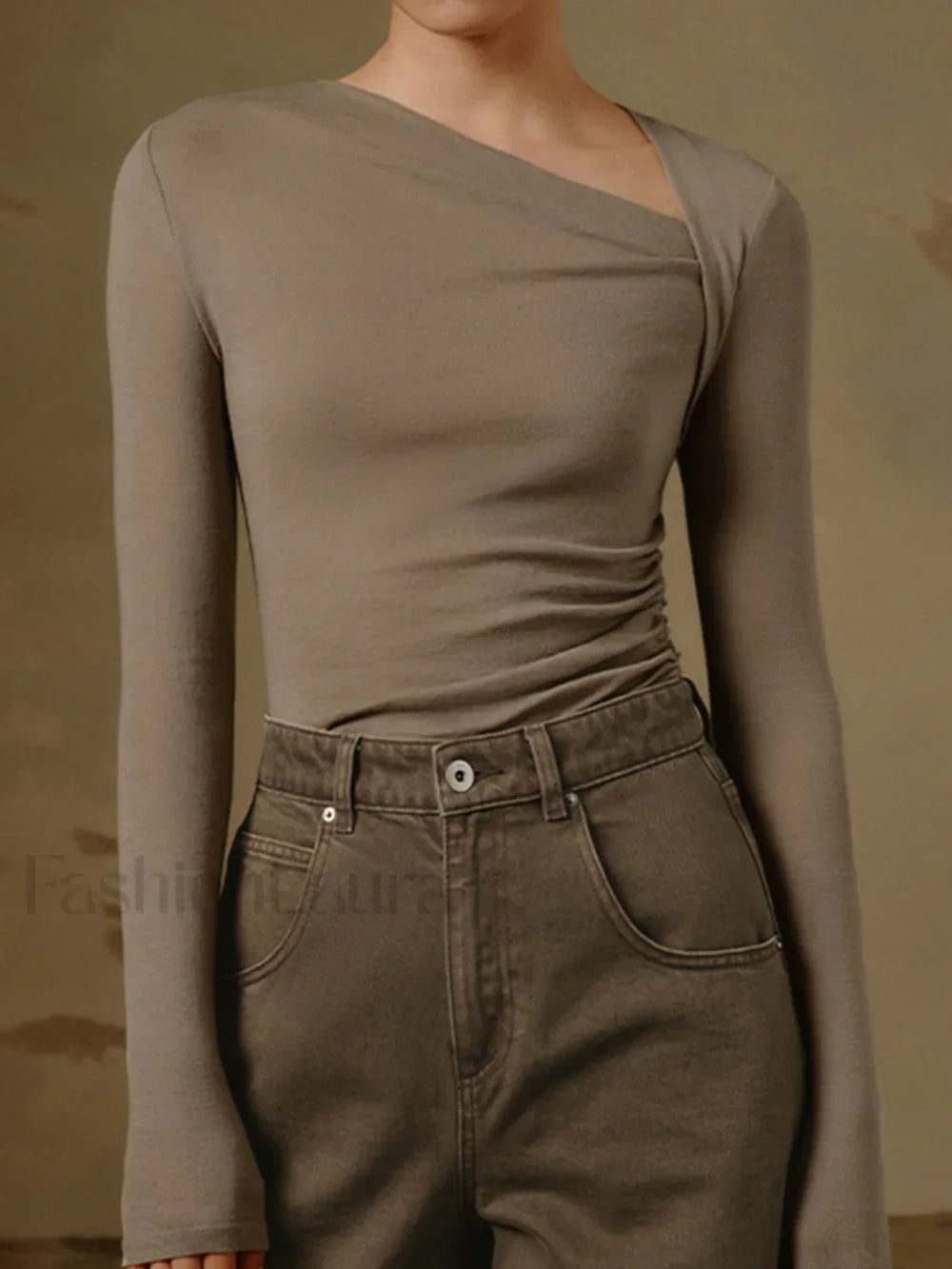 Ribbed Knit Long Sleeve Asymmetric Shirt Apricot / XS T Shirts