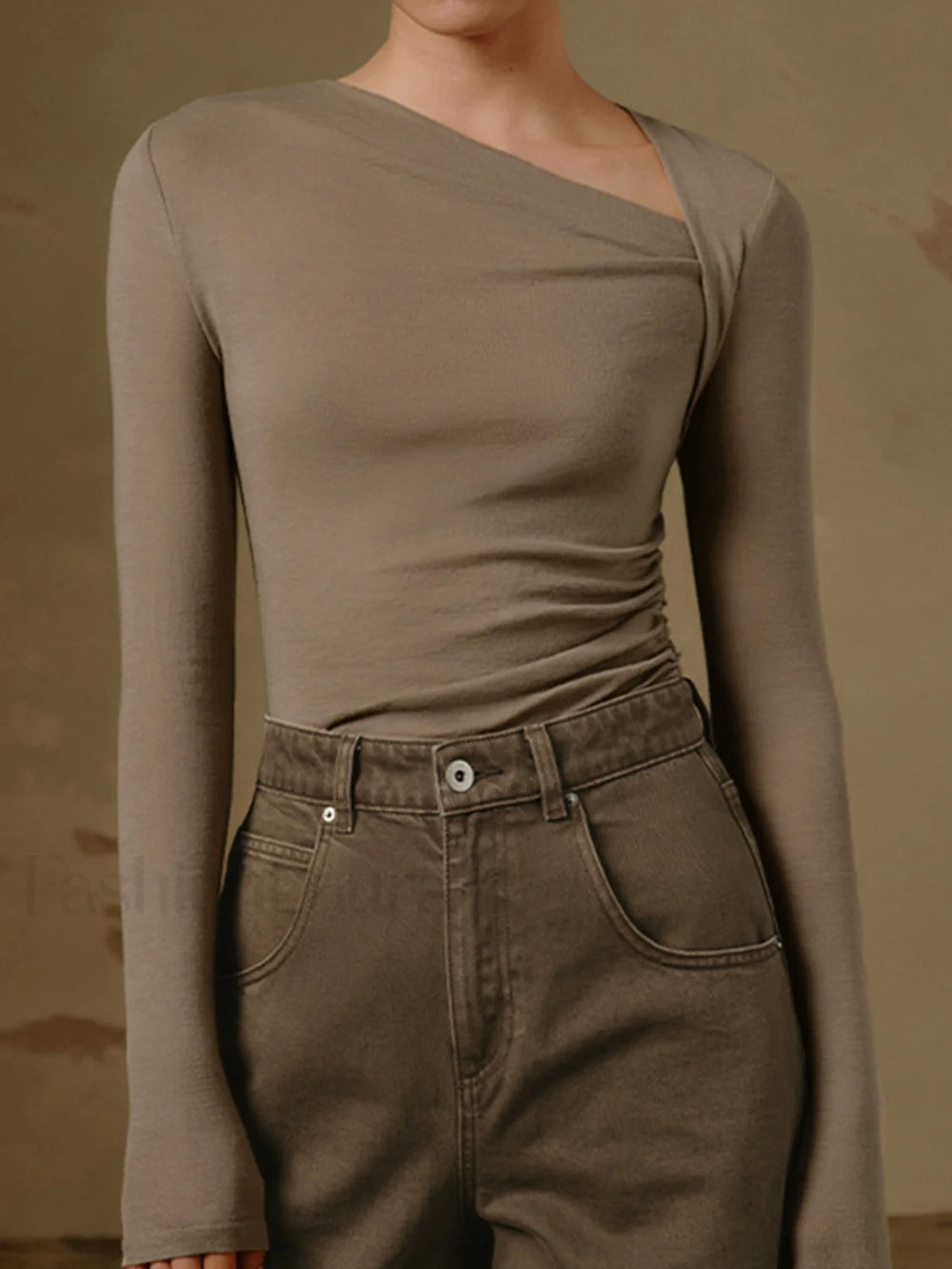 Ribbed Knit Long Sleeve Asymmetric Shirt Apricot / XS T Shirts