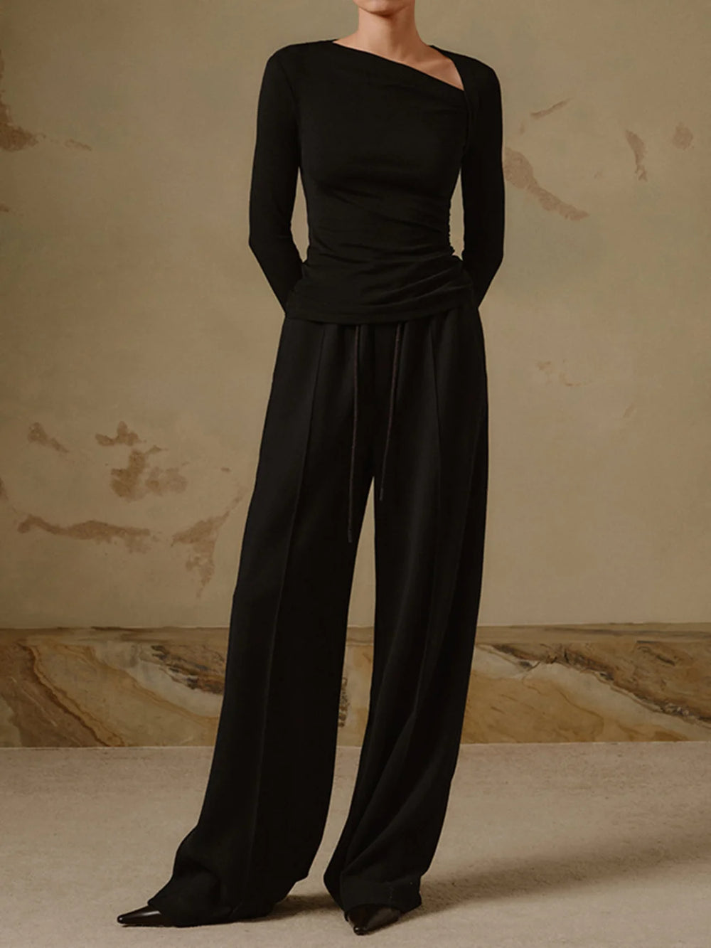 Ribbed Knit Long Sleeve Asymmetric Shirt T Shirts