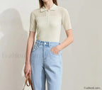 Ribbed Lapel Knitted T Shirt Beige / S