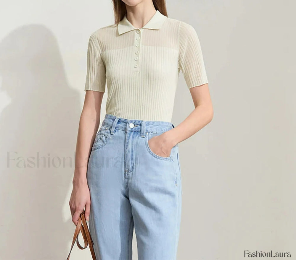 Ribbed Lapel Knitted T Shirt Beige / S