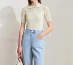 Ribbed Lapel Knitted T Shirt Beige / S