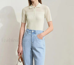 Ribbed Lapel Knitted T Shirt Beige / S