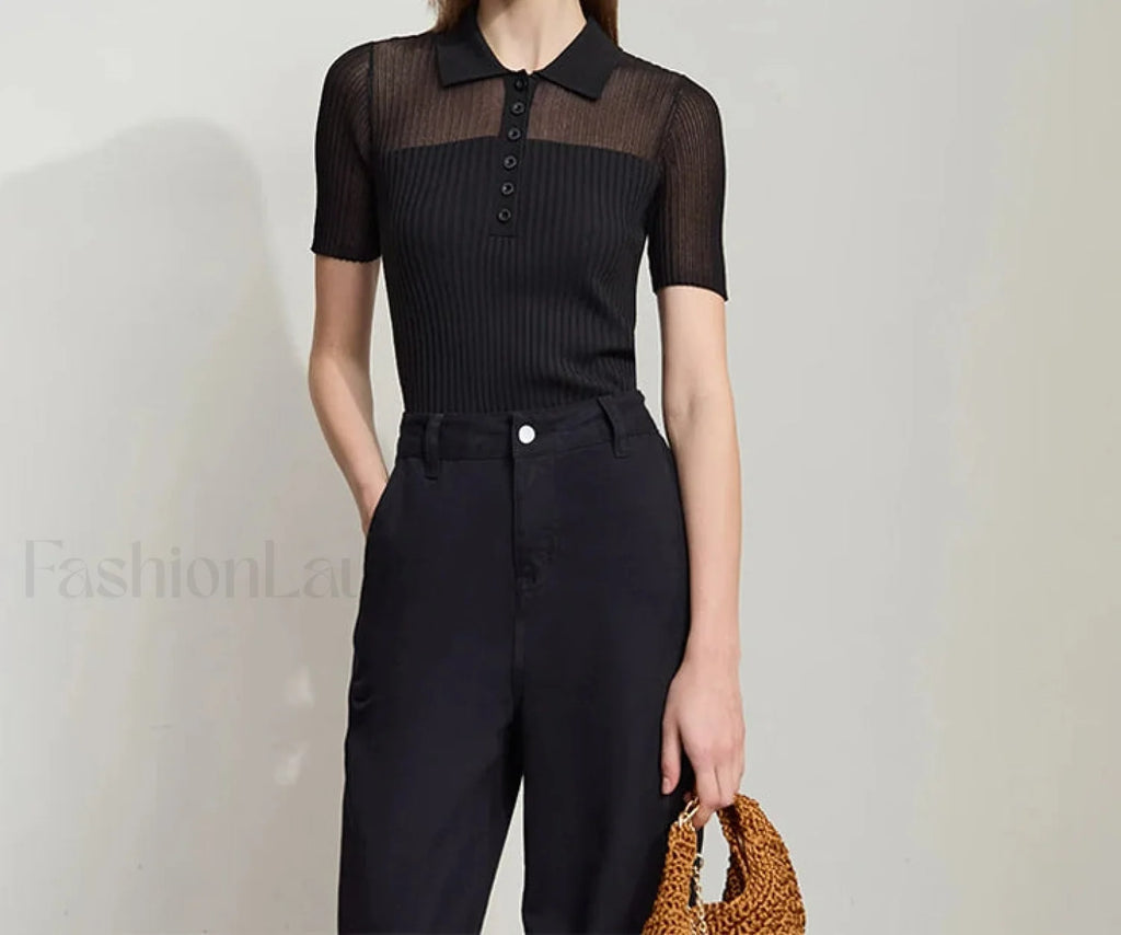 Ribbed Lapel Knitted T Shirt Black / S