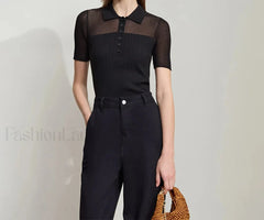 Ribbed Lapel Knitted T Shirt Black / S