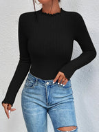 Ribbed Lettuce Trim Slim Bodysuit Black / XS Bodysuits