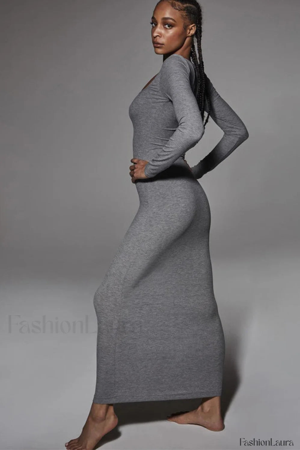 Ribbed Long Sleeve Charming Square Neck Dress S / Gray