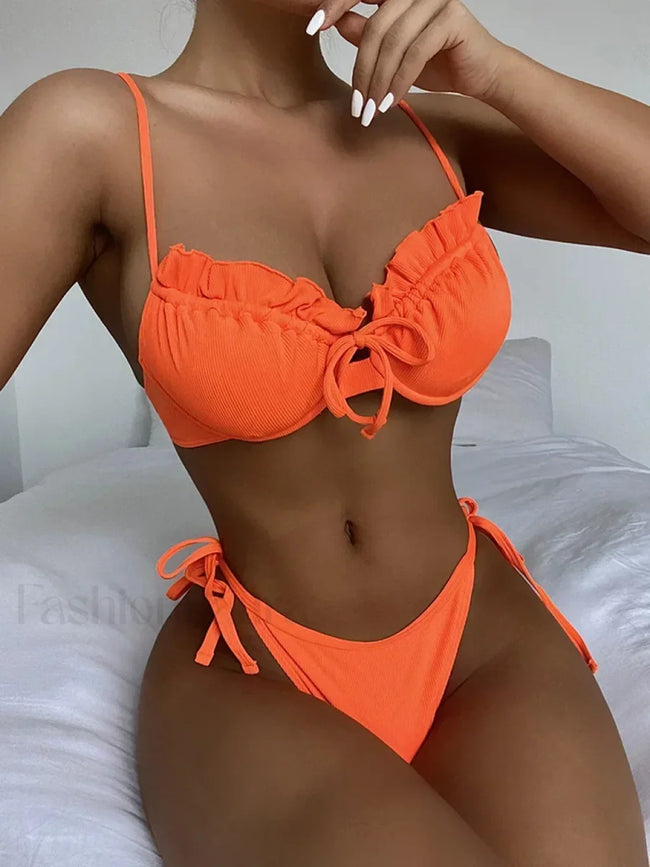 Ribbed Underwired Ruffled Frill Bikini Set Orange / S Main image
