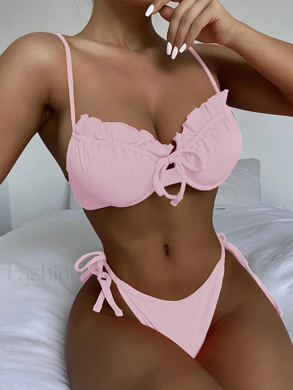 Ribbed Underwired Ruffled Frill Bikini Set Pink / S