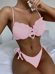 Ribbed Underwired Ruffled Frill Bikini Set Pink / S
