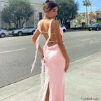 Ribbon Backless Split Maxi Dress Pink / S