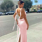 Ribbon Backless Split Maxi Dress Pink / S