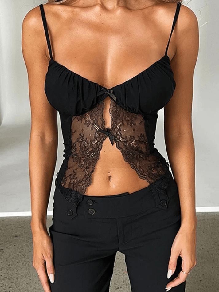 Ribbon Lace Patchwork Cutout Cami Top Shirts