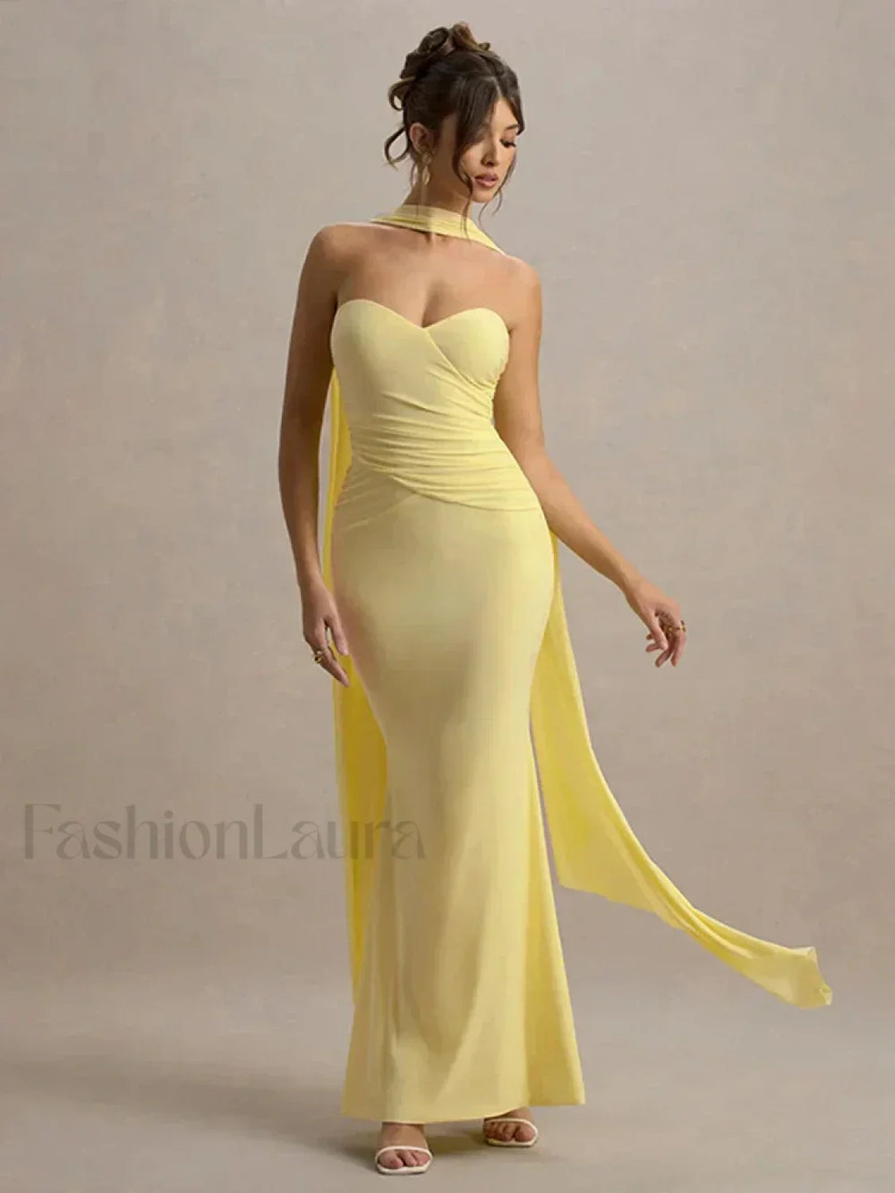 Ribbon Strapless Pleated Maxi Dress Yellow / S