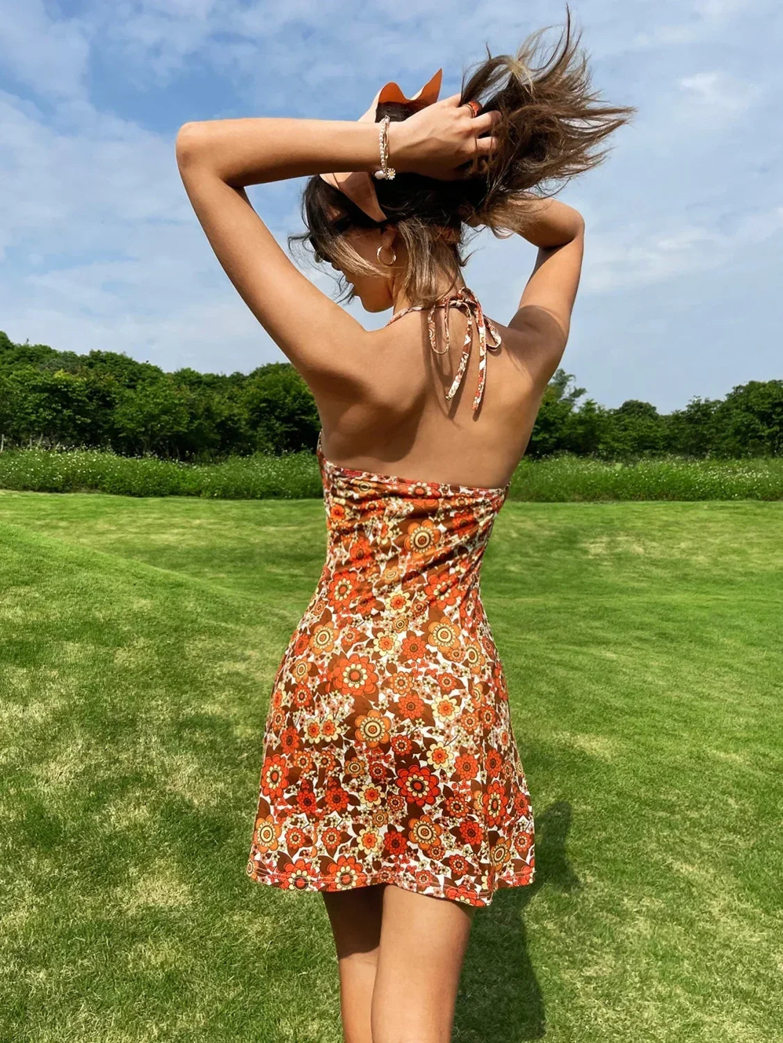 Romantic Floral Print Halter Short Holiday Floral Dress Main image
